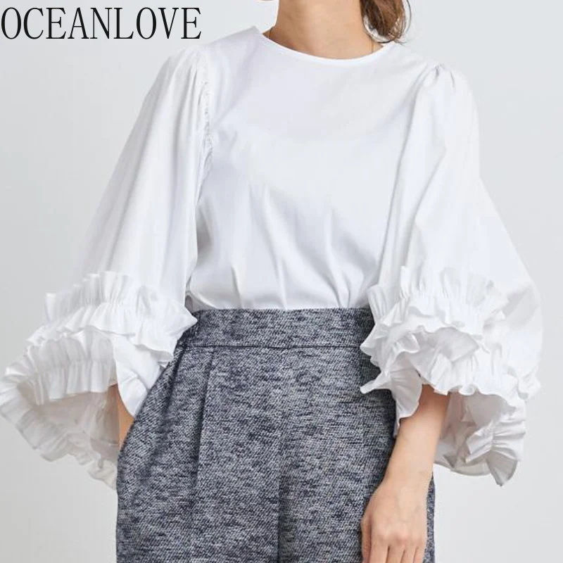 

Blouses Women Tops Lantern Sleeve Japan Style Spring Autumn Shirts Solid Oice Lady Loose Work ashion Blusas Mujer