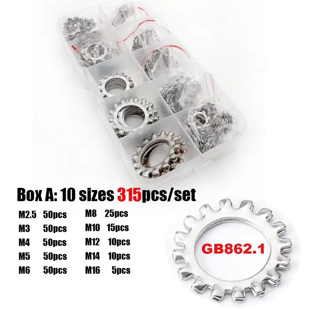 

315/355 шт./компл. M2 M2,5 до M16 из нержавеющей стали 304, внешняя внутренняя зубчатая зубчатая стопорная шайба, набор прокладок, коробка