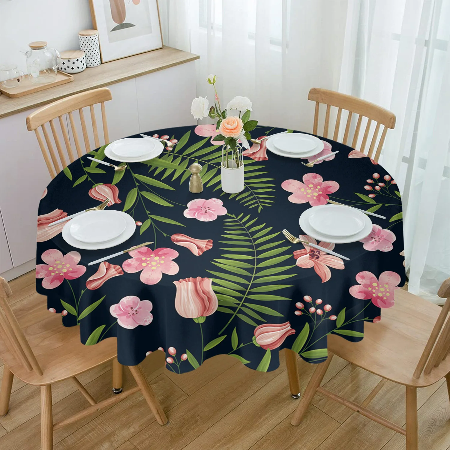 

Foliage Flowers Round Table Cloth Festival Dining Waterproof Tablecloth Table Cover for Wedding Party Decor Coffee Picnic Mat