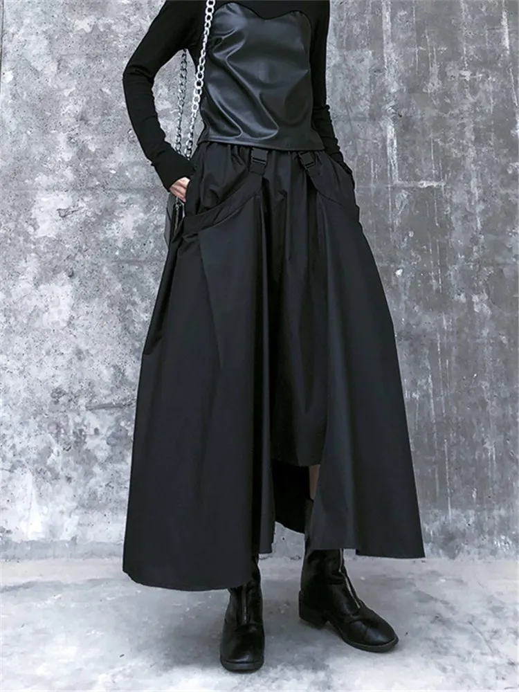 

Женская длинная юбка с завышенной талией, свободная Готическая темно-черная юбка с поясом на резинке, модель 2022 в японском стиле на лето, 5013