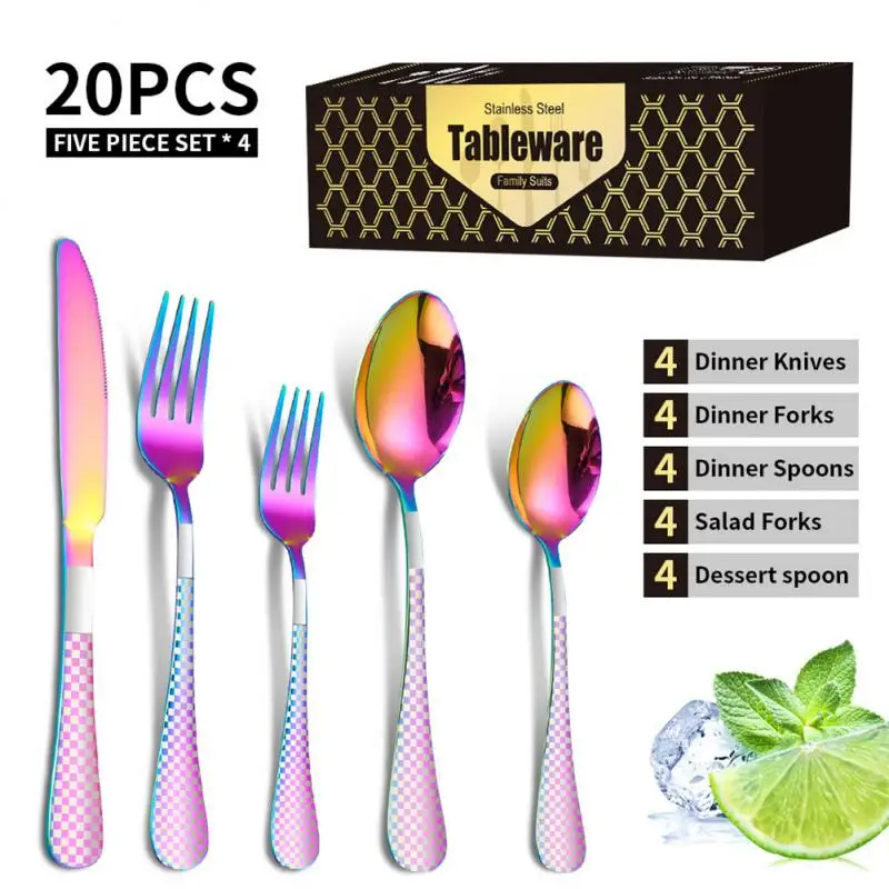 

20PC Colorful Dinnerware Set Stainless Steel Tableware Set Knife Fork Spoon Luxury Cutlery Set Gift Box Flatware Dishwasher Safe