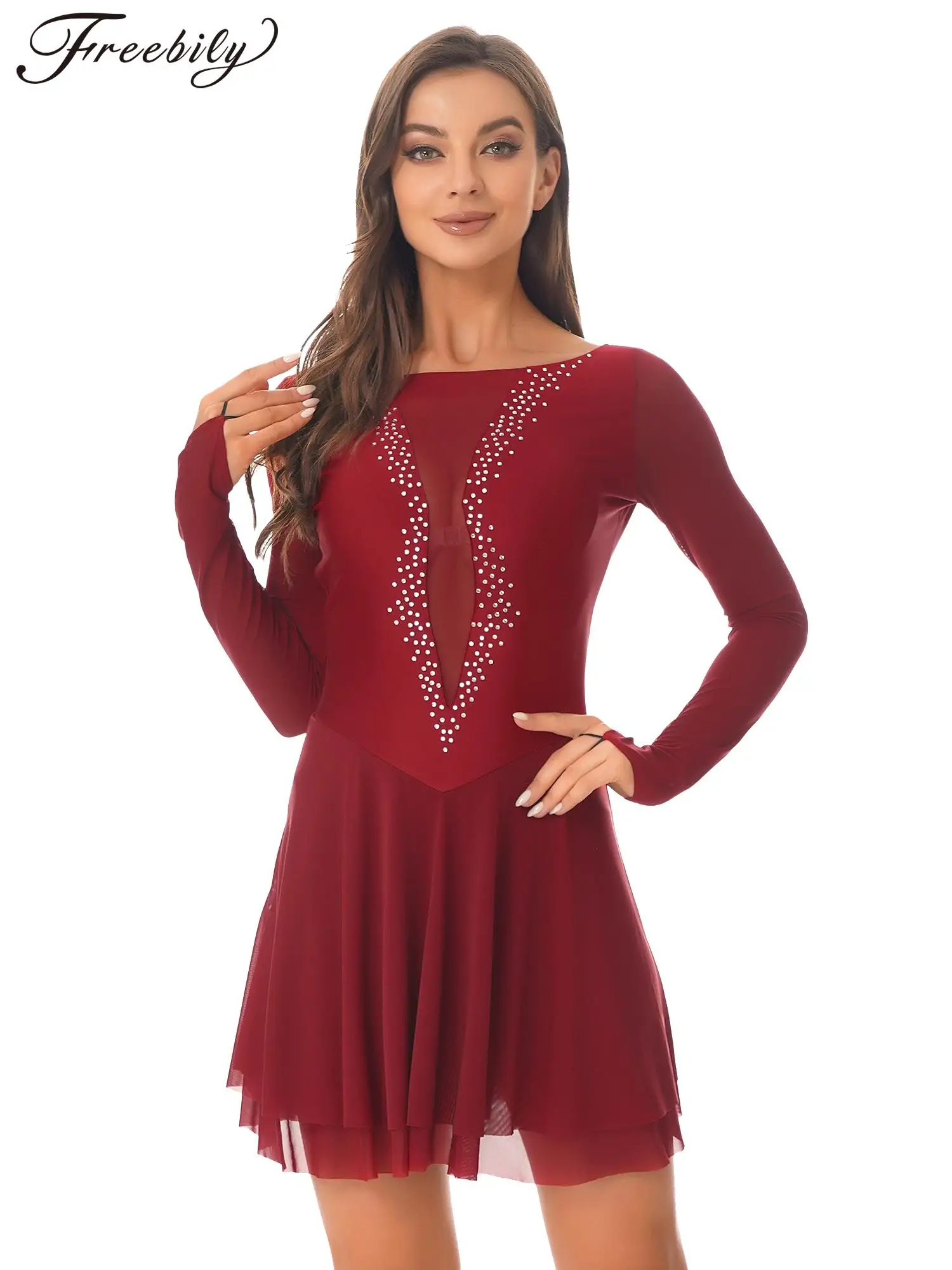 

Women Ballet Dance Dress Long Sleeve Rhinestone Gymnastics Dancewear Crisscross Back Mesh Patchwork Figure Skating Dress
