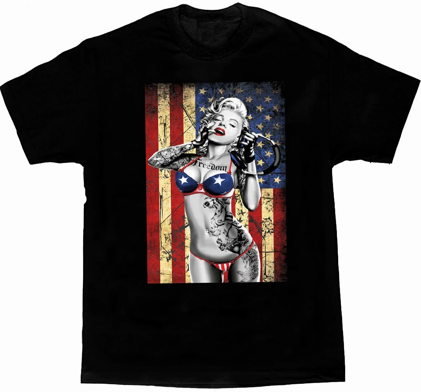 Freedom US Flag DJ Music Gangsta Sexy Tattoos Marilyn Monroe T-Shirt. Summer Cotton Short Sleeve O-Neck Mens T Shirt New S-3XL