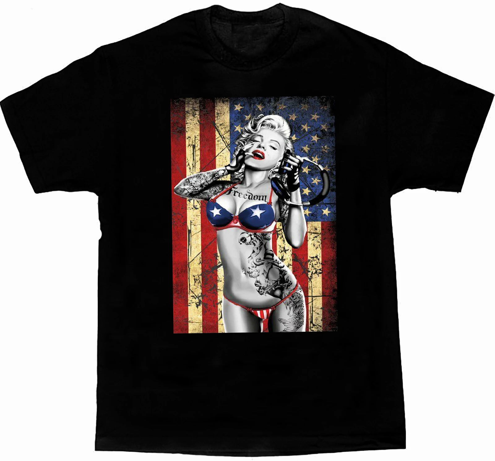 

Freedom US Flag DJ Music Gangsta Sexy Tattoos Marilyn Monroe T-Shirt. Summer Cotton Short Sleeve O-Neck Mens T Shirt New S-3XL