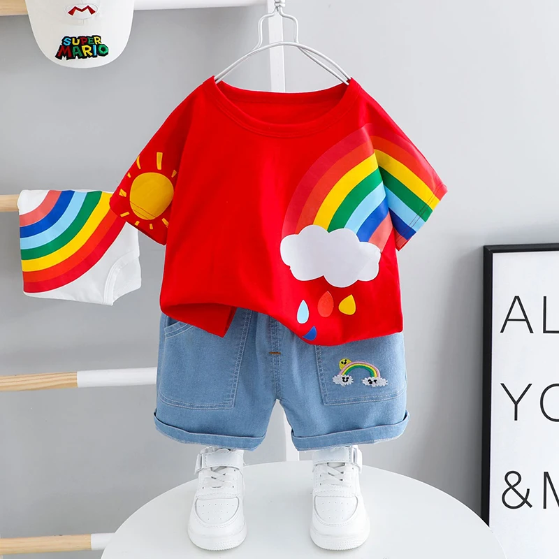 

1 To 4 Years Old Summer Kids Boy Clothes Set Two Pcs Short Sleeve Rainbow Printting Outfits Blue And Red Color Suits With Shorts