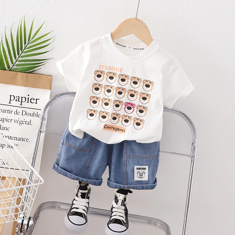 

Летняя одежда для маленьких мальчиков от 12 до 18 месяцев, футболки с круглым вырезом и коротким рукавом, топы и джинсовые шорты, комплект из двух предметов, наряды для мальчиков