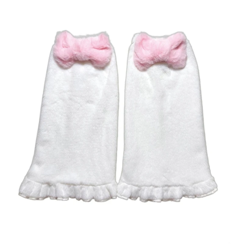 Women Winter Plush Leg Warmers  Sweet Bow Ruffled Hem Foot Cover Socks 37JB