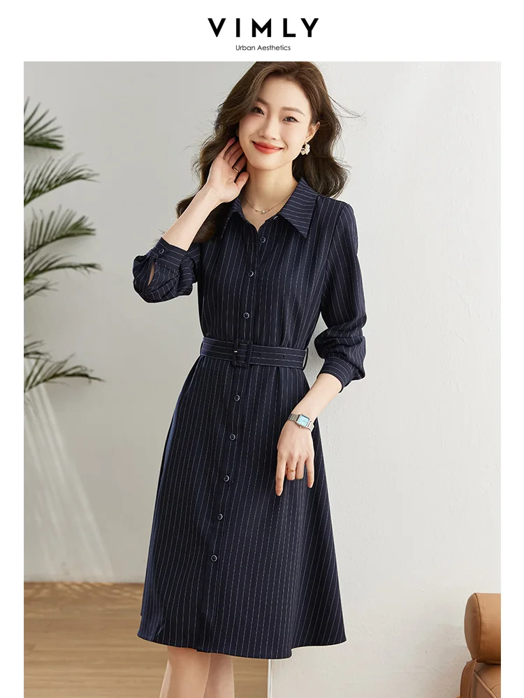 Vimly Navy Striped Chic Shirt Dresses for Women 2023 Spring Elegant Office Long Sleeve Button Down Slim Waist Belt Midi Dress
