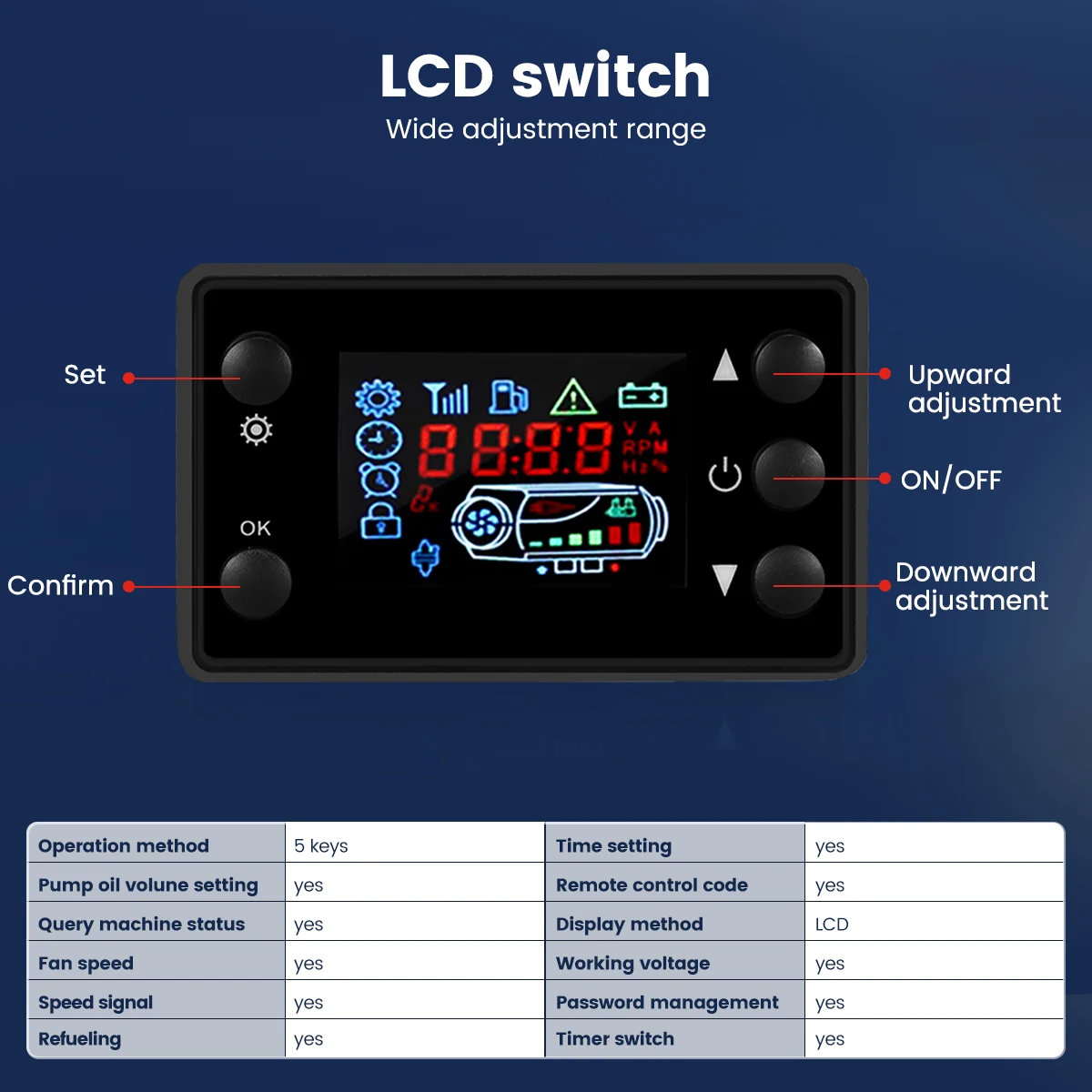 Hcalory 12V 2KW автомобильный дизельный отопитель воздуха с ЖК-дисплеем, пультом дистанционного управления, переключателем и звукопоглощающим для грузовиков, автобусов и трейлеров.