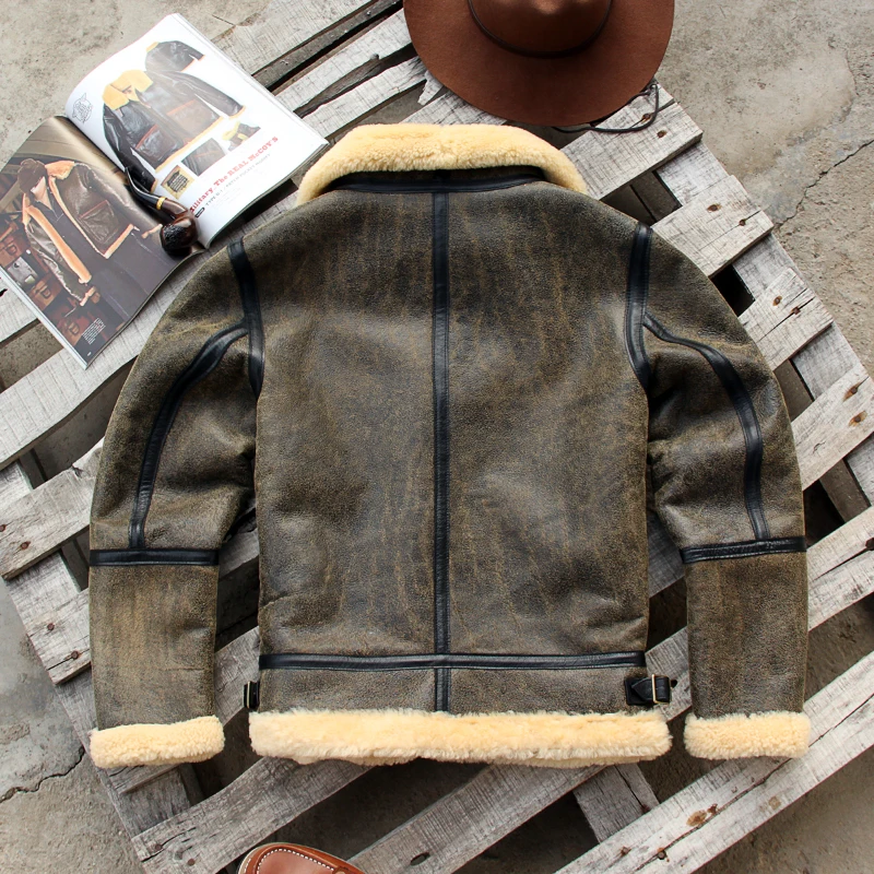 2024 теплая мужская кожаная куртка винтажная овечья шерсть классическое зимнее
