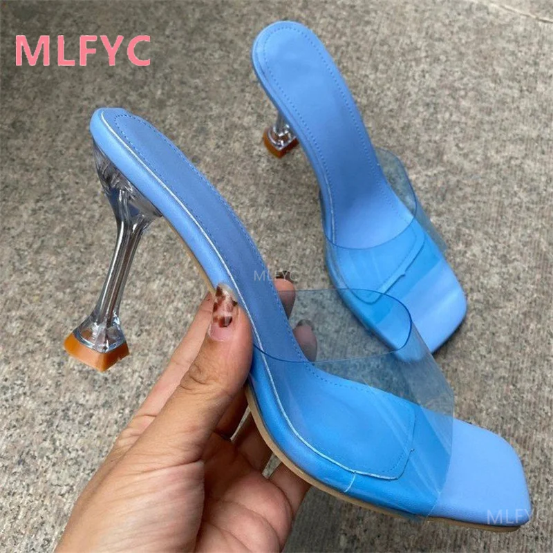 Sandalias con tacón de lentejuelas de aguja transparentes para mujer, zapatos de tacón alto de Punta abierta, a la moda, sexy, para verano