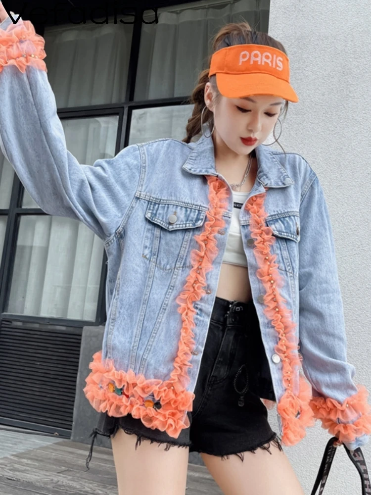 

Vefadisa Women Long Sleeves Lapel Denim Coat Loose Solid Color Lace Splicing Age Reduction Blue Short Coat 2023 Autumn LHX1753