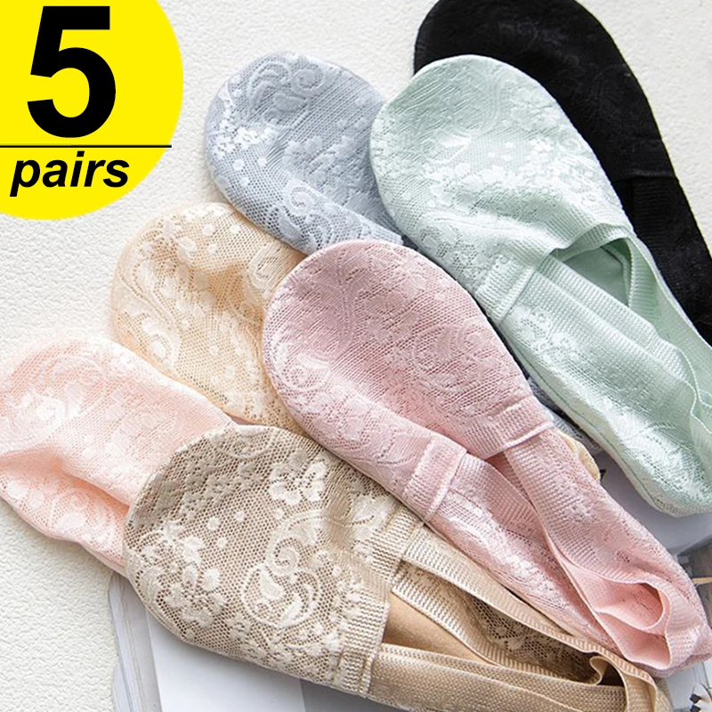 Summer Women Sexy Lace Socks Ice Silk Flower Low Cut Socks Invisible Anti-slip Lace Ankle Sock Breathable Boat Sox Female