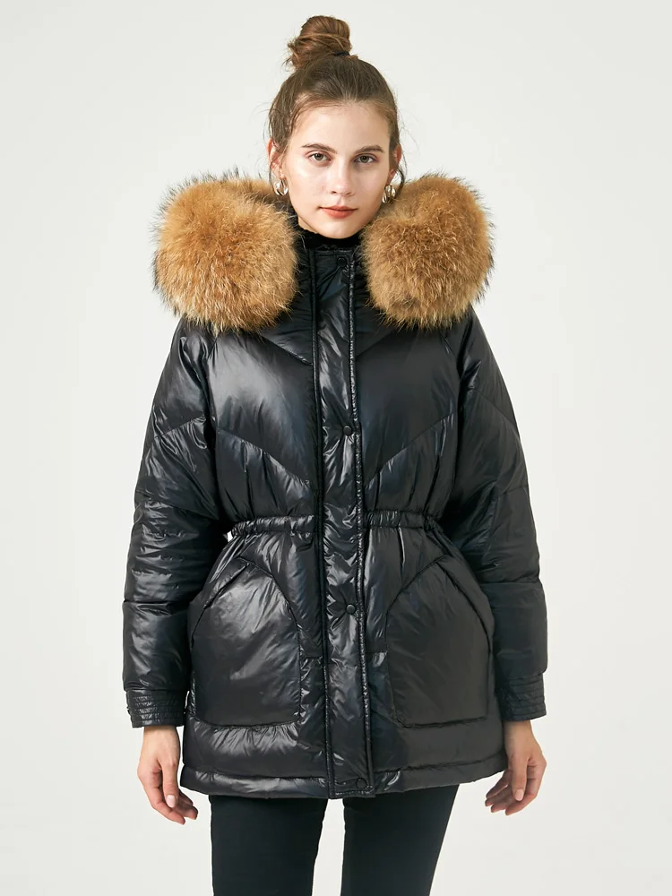 Janveny Shiny Glossy Winter 90% Duck Down Jacket Women Large Natural Raccoon Fur Hooded Puffer Coat Female Parkas Waterproof