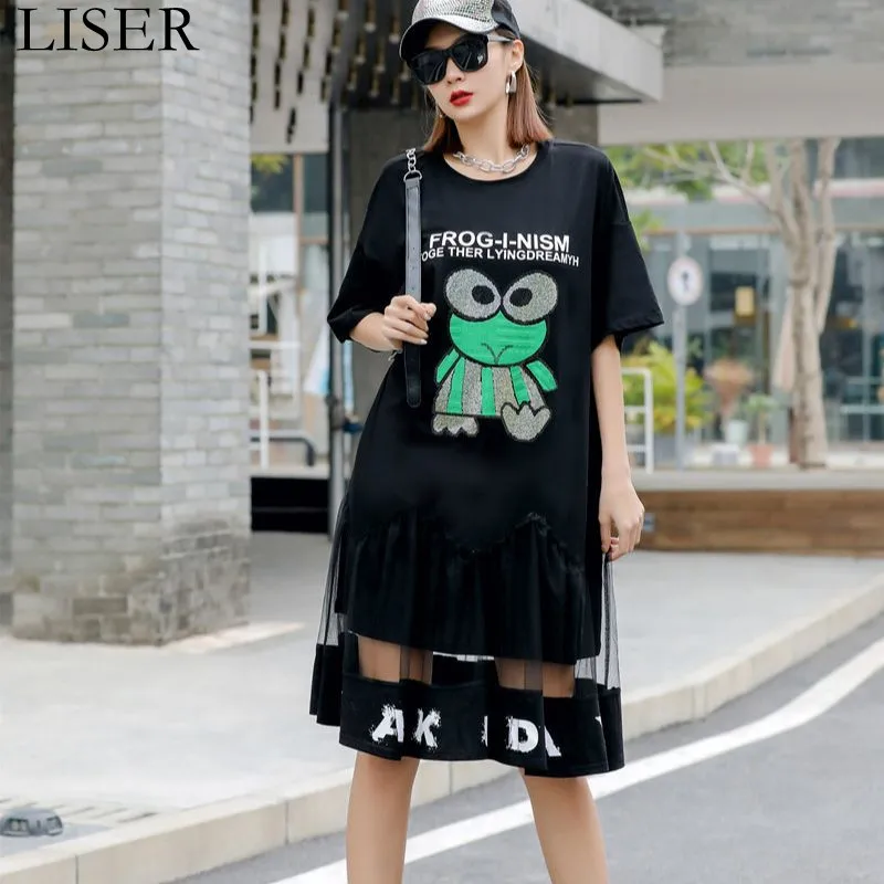 

2022 Summer New Loose Short-Sleeved Black Dress Women'S Fashion Cartoon Embroidery Stitching Mesh T-Shirt Dress LL1043