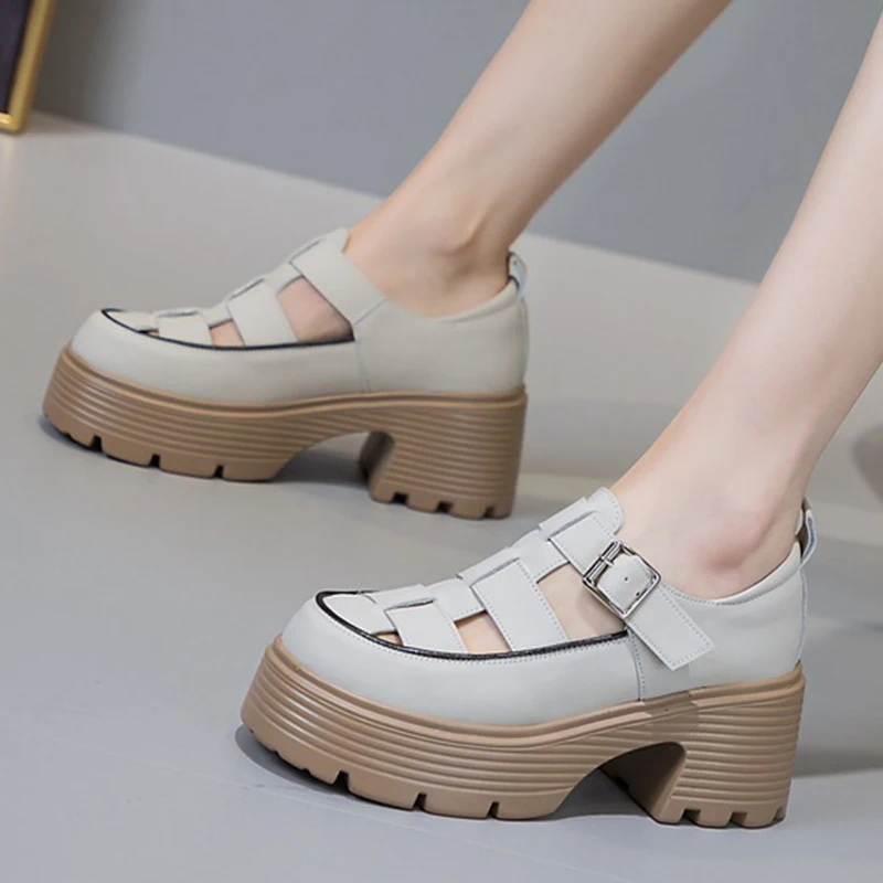 2023 New 7cm Genuine Leather Female Heeled Sandals Hollow Buckle Summer Fashion Platform Wedge Chunky Sneakers Comfy Women Shoes