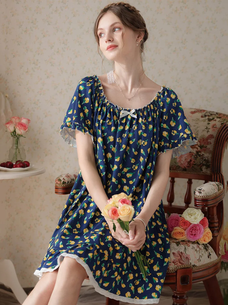 Women Victorian Pajama Night Dress Short Sleeve Cotton Ruffles Print Vintage Princess Nightgowns Sleepwear Home Clothes 2023 New