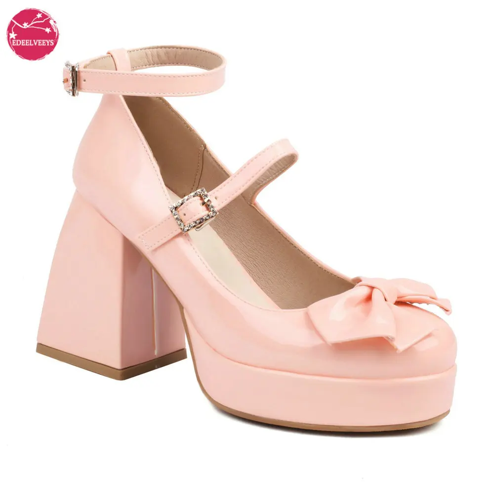 Japanese Lolita Shoes Chunky High Heel Thick Platform Queen Mary Jane Pumps with Sweet Bow Buckle Strap Pink Black White