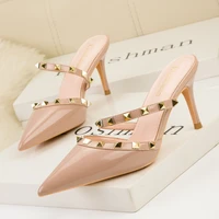 women summer high heels mules slippers ladies pointed to sexy rivets outside shoes woman fashion sandals zapatos mujer