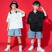 kid hip hop clothing striped lapel oversized t shirt top streetwear summer jeans shorts for girl boy jazz dance costume clothes