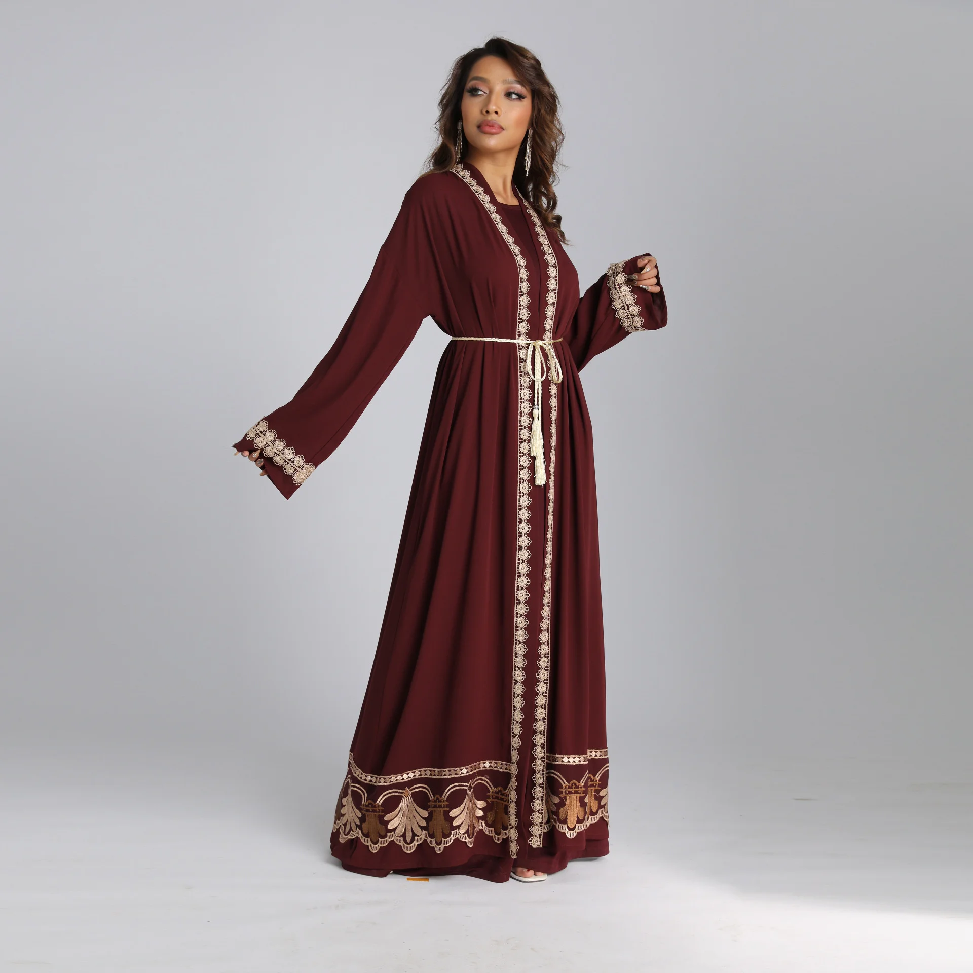 

2022 New Solid Color Embroidery Women's Tunic Elegant Two Pieces Set Long Sleeve Party Evening Femme Robes 2pcs Suit For Women