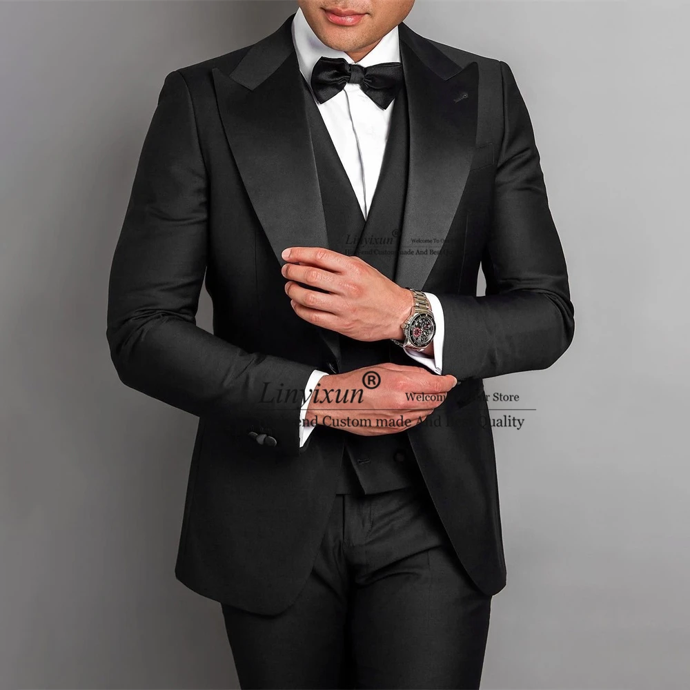 

Black Mens Suits Peak Lapel Wedding Groom Tuxedo 3 Piece Set Slim Fit Business Blazer Terno Masculino Banquet Jacket Vest Pants