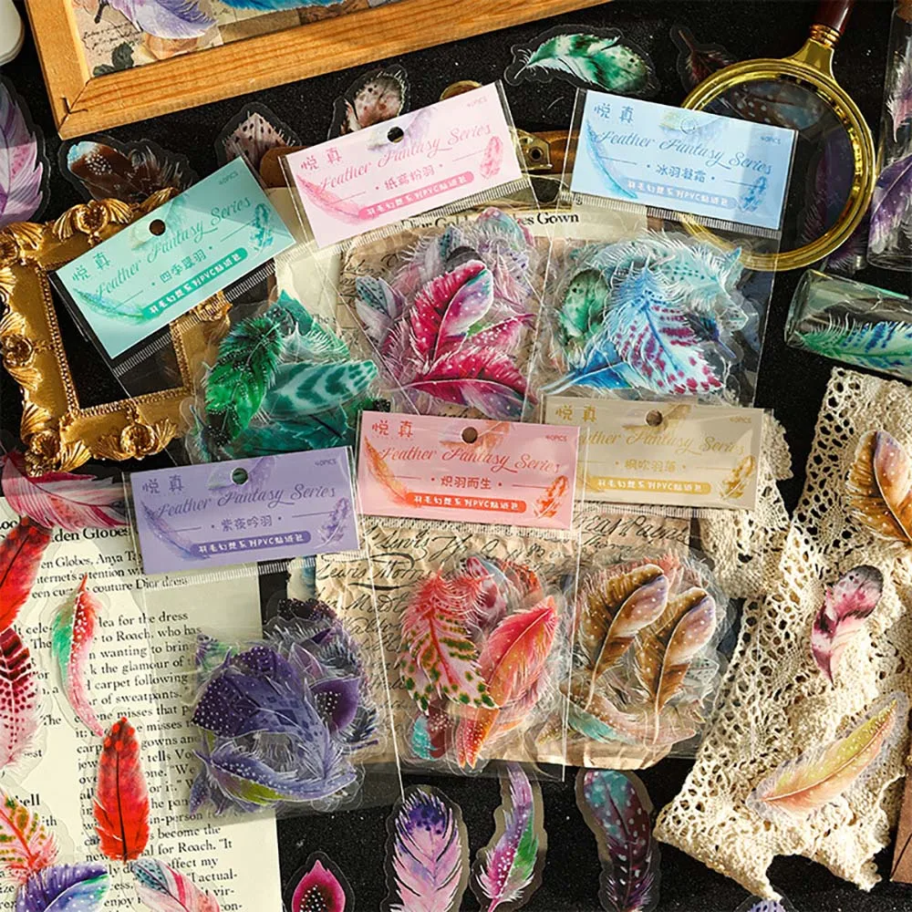 

40 Sheets/Pack Colored Feather Design Waterproof Sticker DIY Scrapbook Handbook Decorative Stickers Stationery