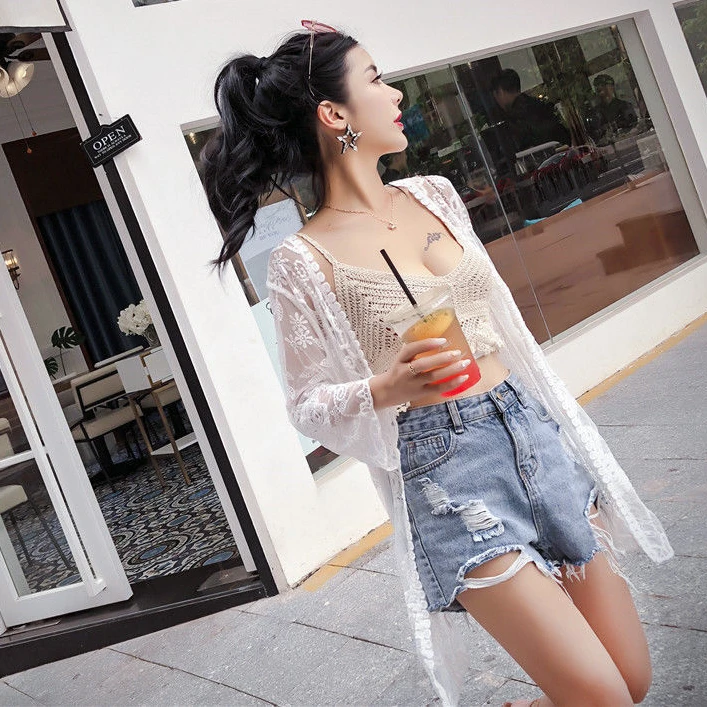 

2022 White Cover Up Bikini Women Swimwear Beach Dress Lace Summer Long Sleeve Cardigan Sexy Perspective for Seaside