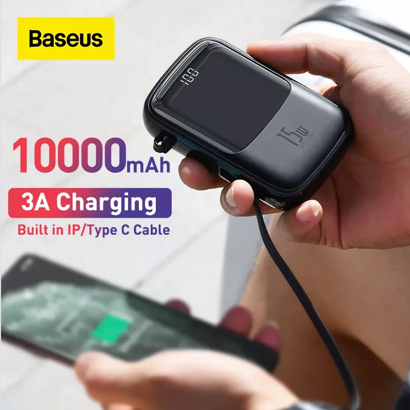 

NEW2023 Baseus 10000mAh Mini Power Bank Built in Cables PowerBank External Battery Charger For iPhone 12 11 Pro Xiaomi Samsung H