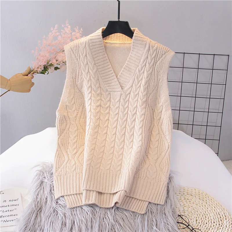 

Women Twist Pullover Sweater Vest 2021 Autumn Winter New Loose Net Black Beige V-neck Waistcoat Korean Ladies Wool Knitted Vest