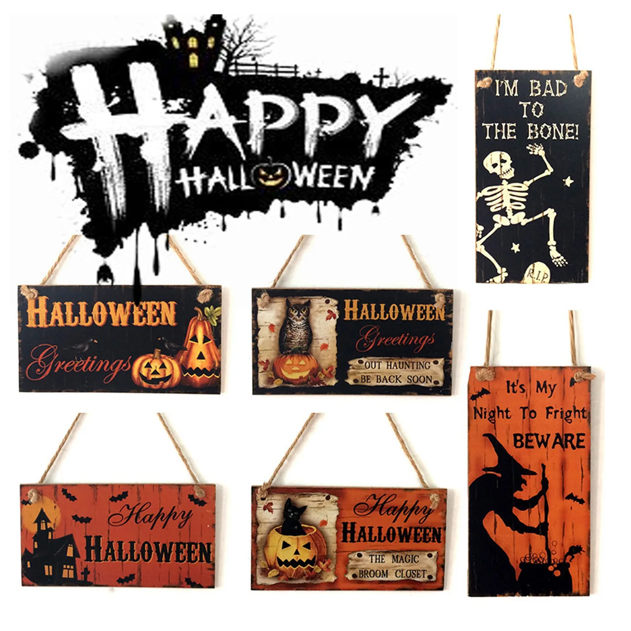 

Halloween Wooden Hanging Pendant Door Sign Pumpkin Ghost Bat Swith Greeting Doorplate Wood Crafts Happy Halloween Day Decors