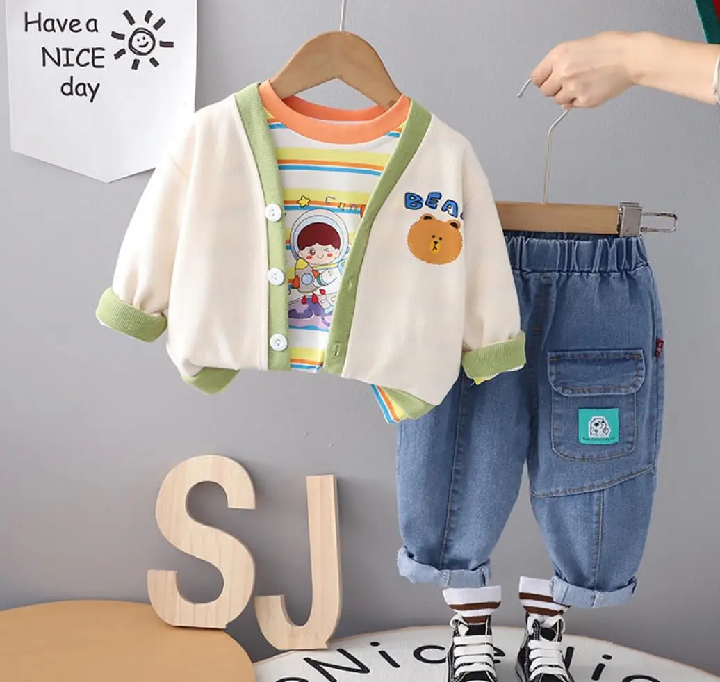 

3 шт., детский комплект одежды для мальчиков, кофта + полосатая рубашка + штаны