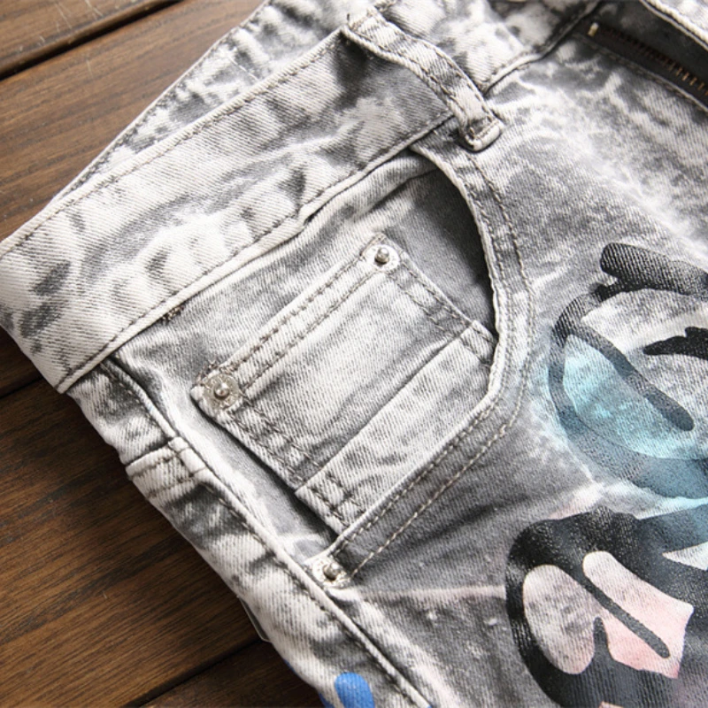 European Jean Letter Star Jean Men Embroidery Patchwork Ripped Jeans For Men Trend Brand Motorcycle Pant Mens Jean Skinny