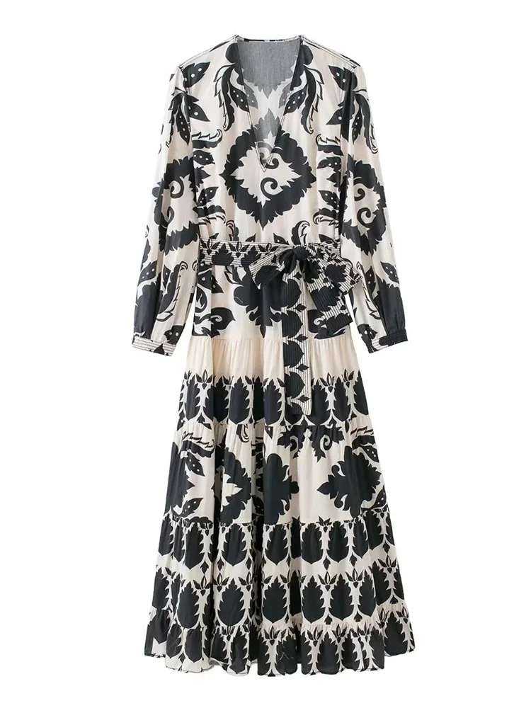 

Женское длинное платье с поясом xikom, винтажное платье в этническом стиле с V-образным вырезом и длинным рукавом, свободные шикарные платья, в...