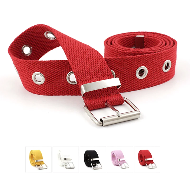 

SAFENH New Fashion Female Belt Canvas Women's Harajuku Waistband Metal Buckle Eyelet Belt Waist Black White Red 3.8cm Wide