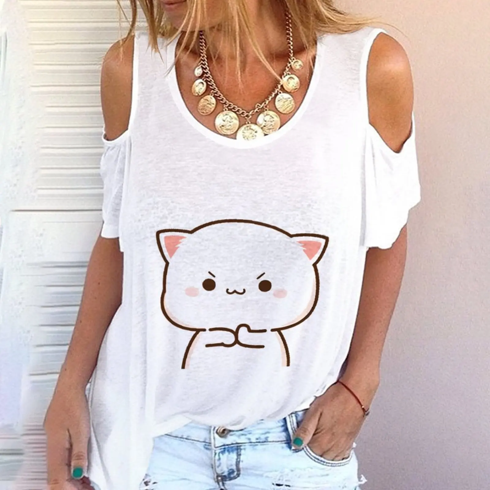 

Summer trend street women's T-shirt Harajuku cute and funny kitten emoticon bag printing anime strapless round neck T-shirt