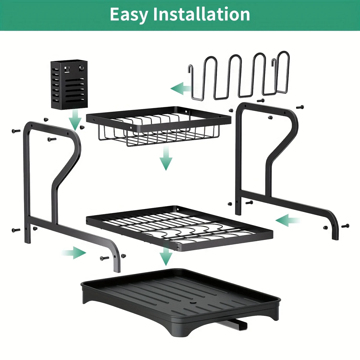 2-Tier Dish Rack with Drainboard Drying Utensil and Cup Holders - Dishes Knives Spoons