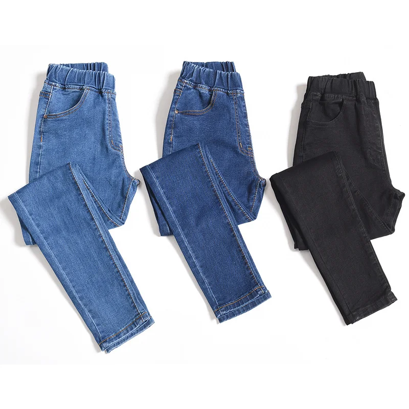 

Size 4XL 5XL 6XL Women Light Blue Elastic Waist Jeans Slim Stretch Cotton Navy Blue Mom Pants Black Jean Trousers Female