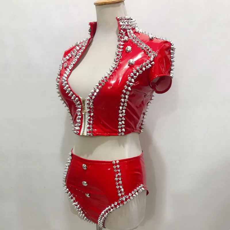 Красный Серебристый Кожаный Топы Шорты Ночной Клуб Наряд Бар Женщины DJ Певица