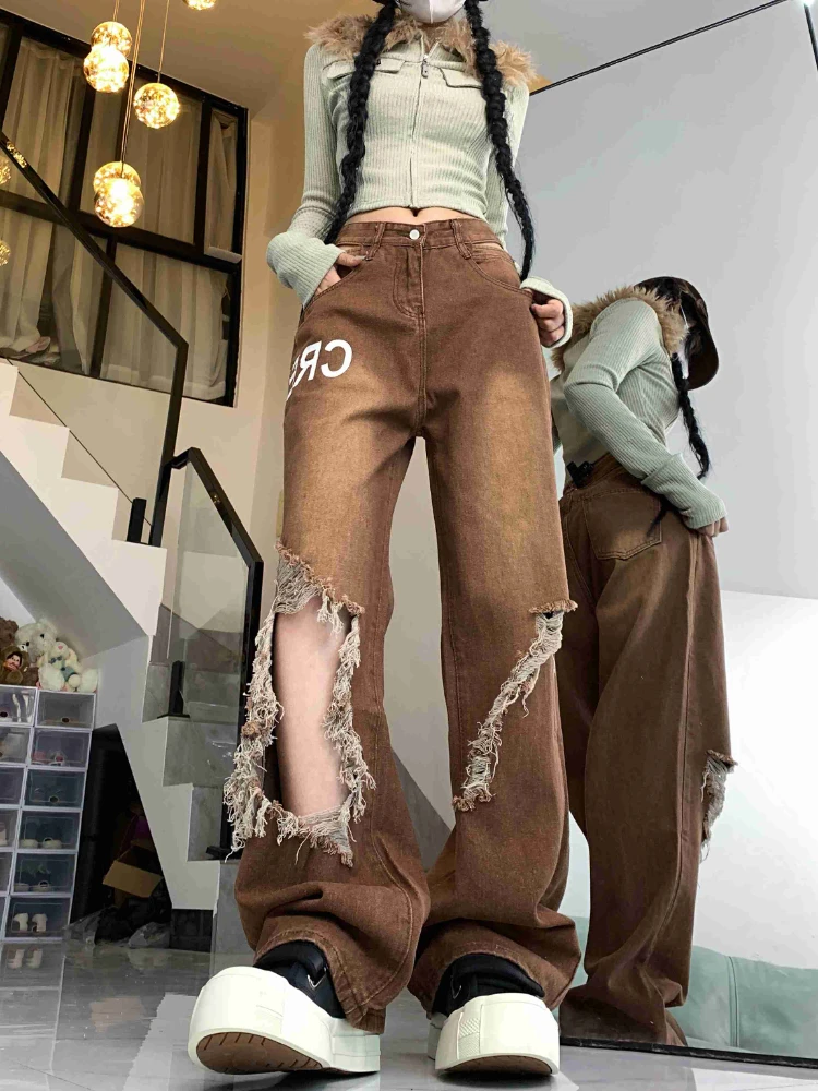 

Harajuku Hollow Out Letter Print Demin Pants Women Y2k Grunge High Waist Ripped Jeans Sexy Girl Wide Leg Streetwear Bottoms New