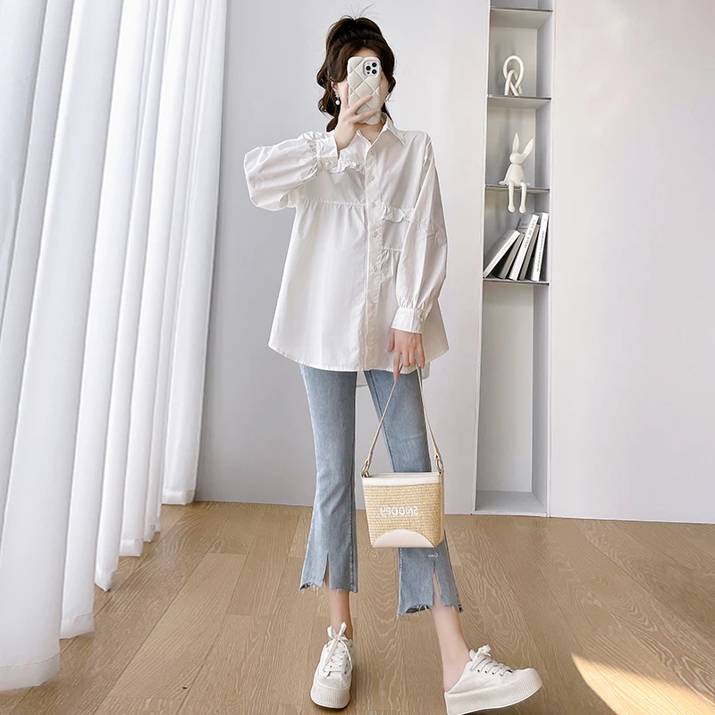 Spring Cotton Maternity Tops Clothes Sweet Ruffles Pregnancy Blouses Long Sleeve Casual Solid Pregnant Clothings Plus Size 2023 enlarge