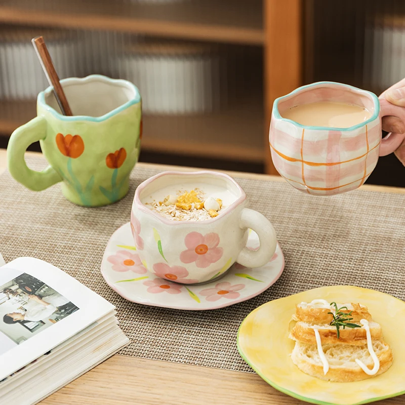 

Home Office Mug with Saucer Hand-painted Flowers Ceramic Coffee Cup Breakfast Milk Juice Cup Creative Gift High Quality