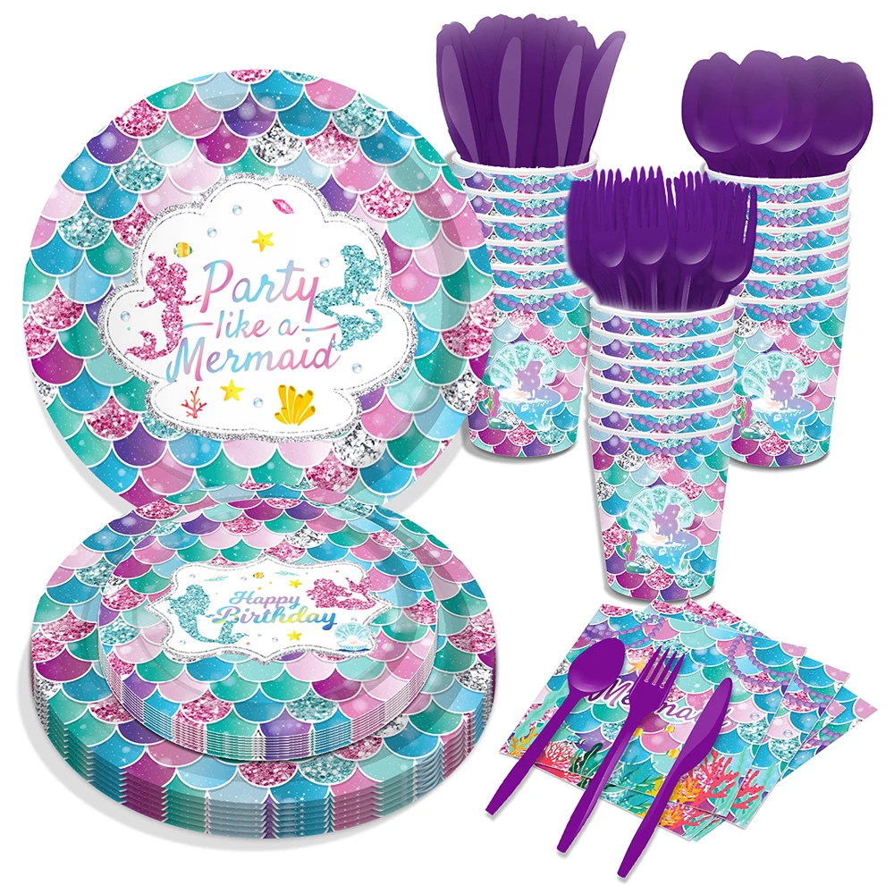 

Бумажные одноразовые тарелки и салфетки «русалка» для девочек