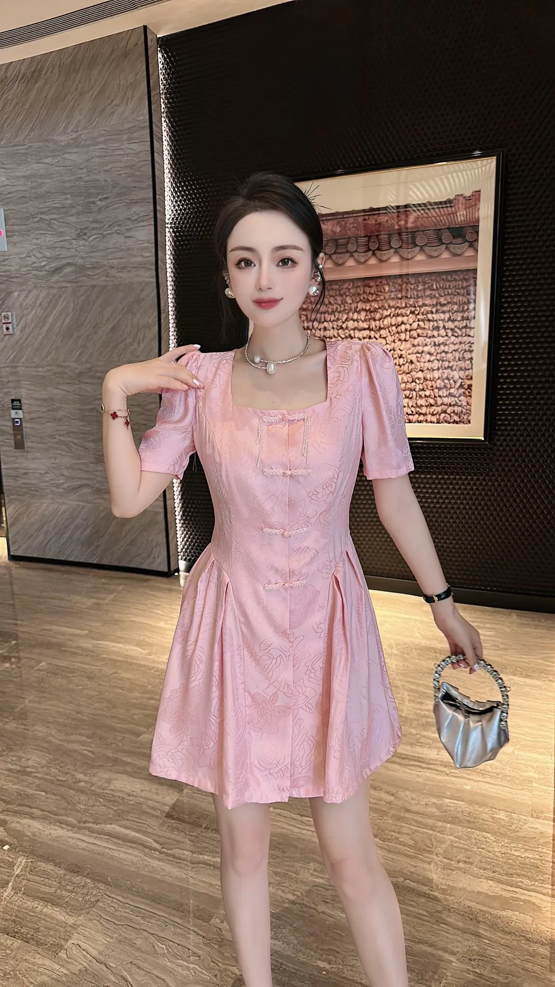 2023 Spring/Summer Fashion New Women's Clothing Square Collar Puff Sleeve Jacquard Printed Dress 0704