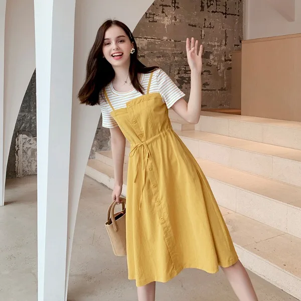 

2022 Cotton Plus Size Women's Summer Breathable And Soft New Fake Two-piece Dress Sweet And Cute Mid-length Waist Slim Skirt