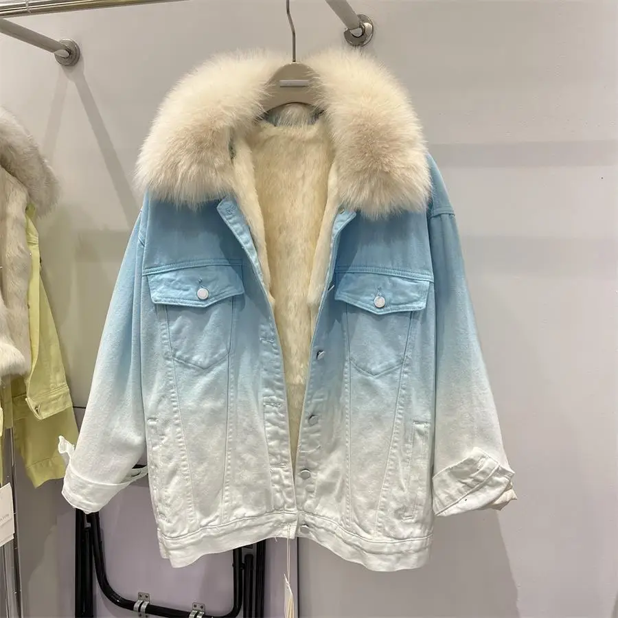

Парка женская джинсовая с воротником из лисьего меха, свободная парка в Корейском стиле, с длинным рукавом, в стиле пэчворк, зимняя