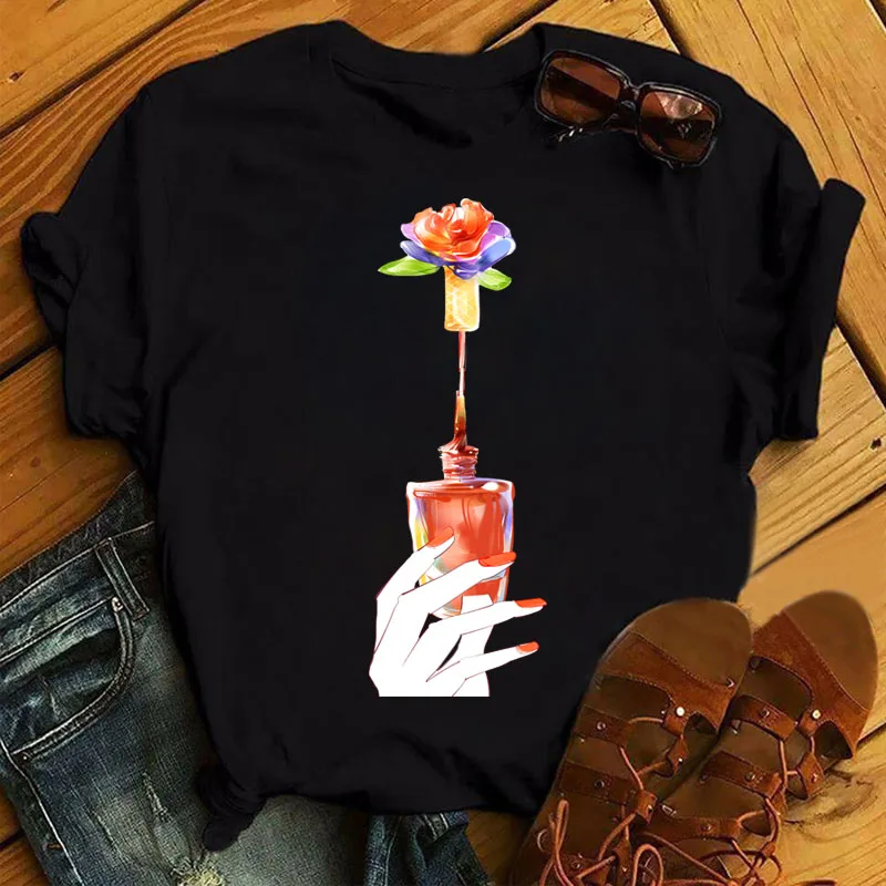 

Watercolor Flower Nali Art Print T Shirt Women New Fashion Balck T Shirt Female Short Sleeve T-shirt Lady Cute Graphic Tee Shirt