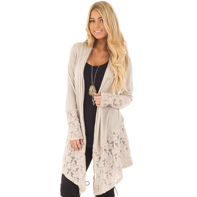 

Long Solid Color Lace-Up Beach Tops Patchwork Lace See-Through Outwear Woman Holiday Sexy Casual Coats 2021 New Fashion