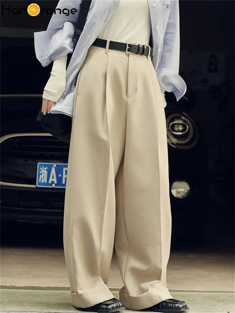 HanOrange 2022 Spring Simple High Waist Wide Leg Pants Women Loose Casual Trousers Female Black/Light Khaki
