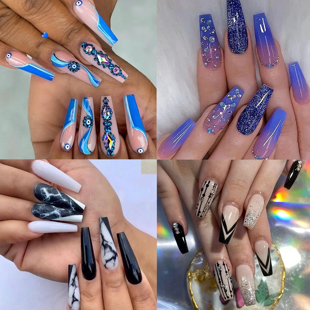 

Накладные ногти для французского балерина градиентные накладные ногти в синий горошек необычные цветные стразы дизайн накладные ногти